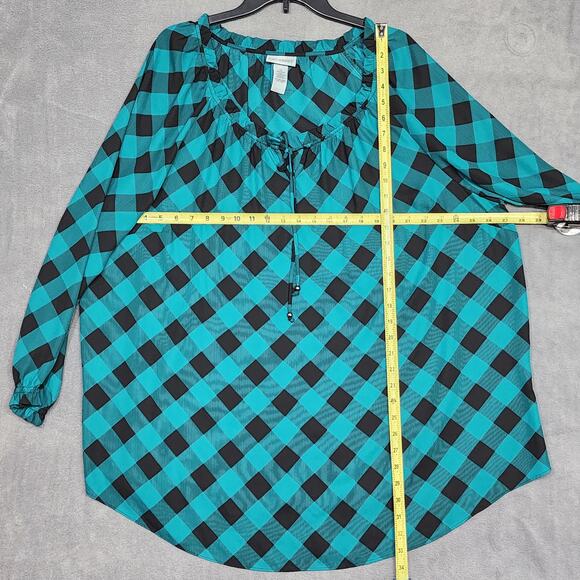 Catherines Tunic Top Blouse 2X Buffalo Check Chiffon Teal and Brown Peasant - Picture 6 of 7